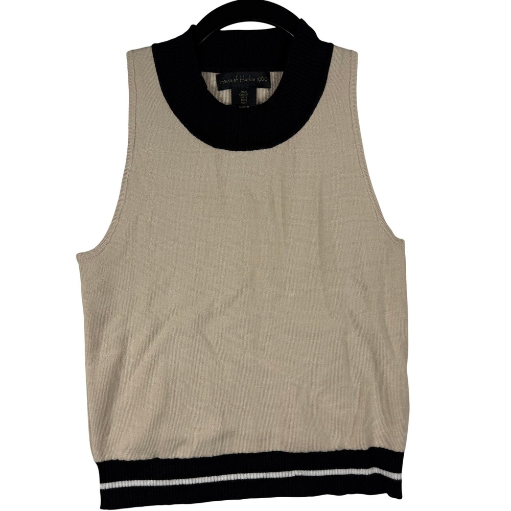 House of Harlow 1960 Sweater Vest Women S Tan Preppy Contrast Mock Neck Striped